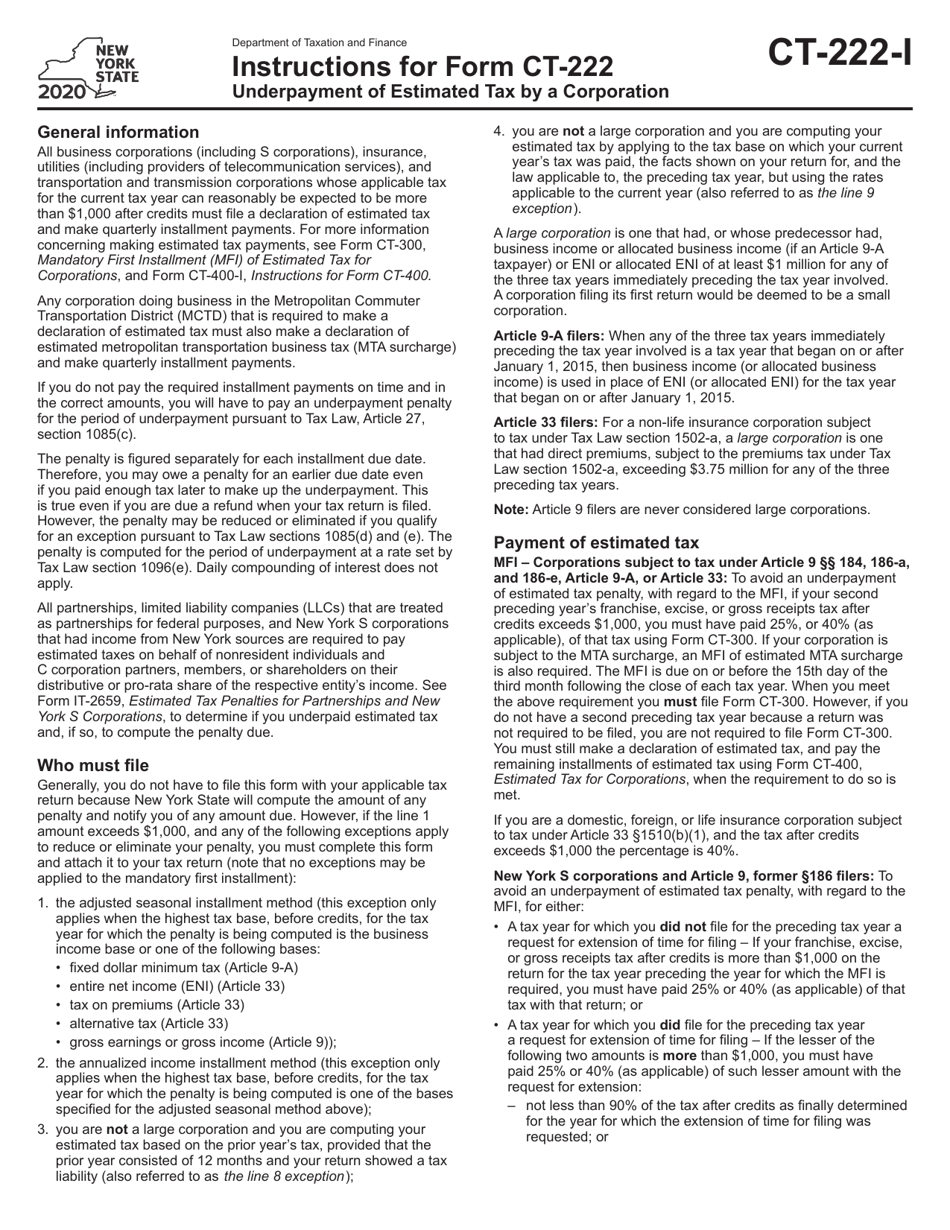 Instructions for Form CT-222 Underpayment of Estimated Tax by a Corporation - New York, Page 1