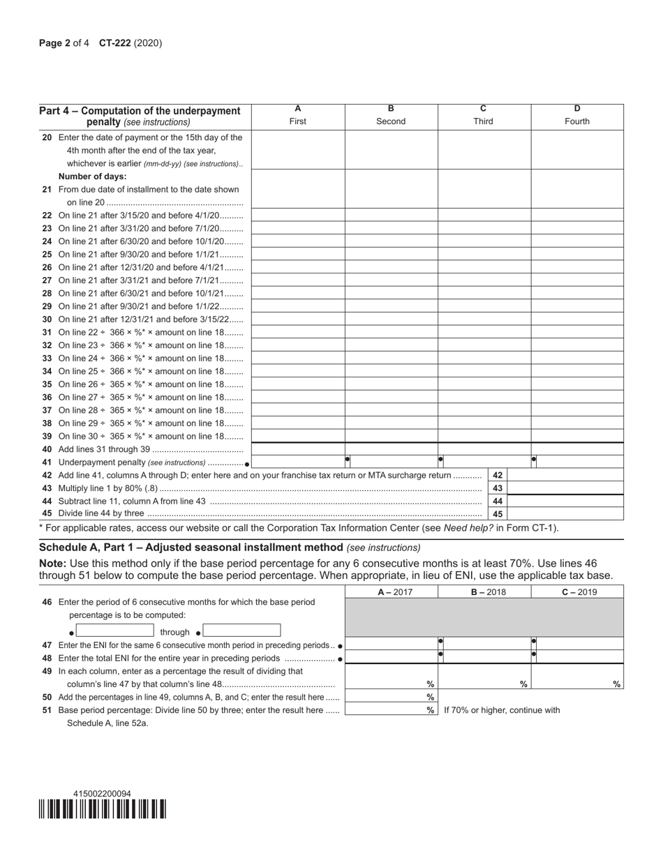 Form CT-222 Underpayment of Estimated Tax by a Corporation - New York, Page 2