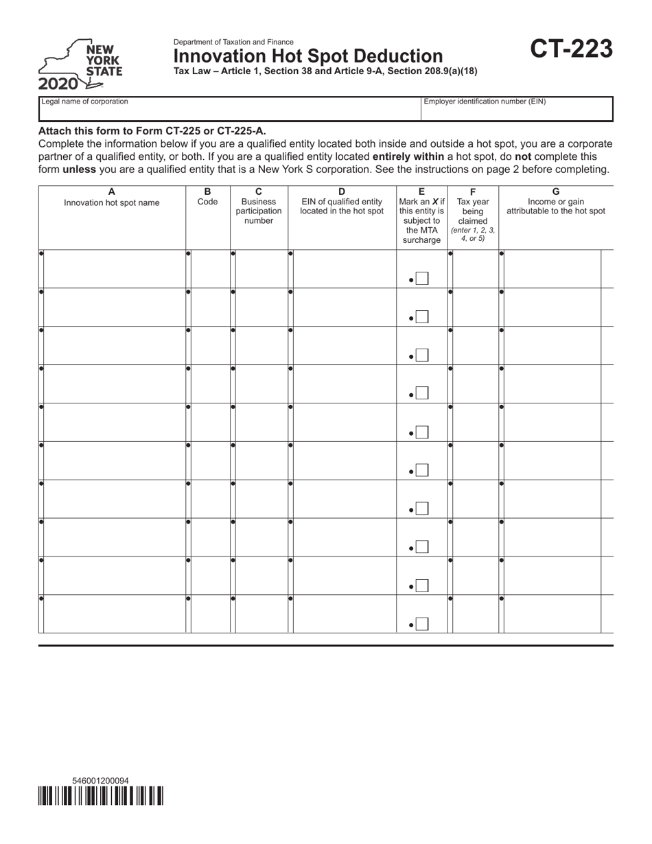 Form CT-223 Innovation Hot Spot Deduction - New York, Page 1