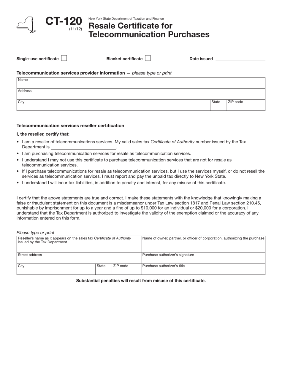 Form CT-120 Resale Certificate for Telecommunication Purchases - New York, Page 1