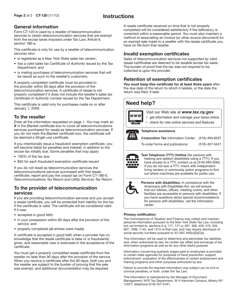 Form CT-120 Resale Certificate for Telecommunication Purchases - New York, Page 2