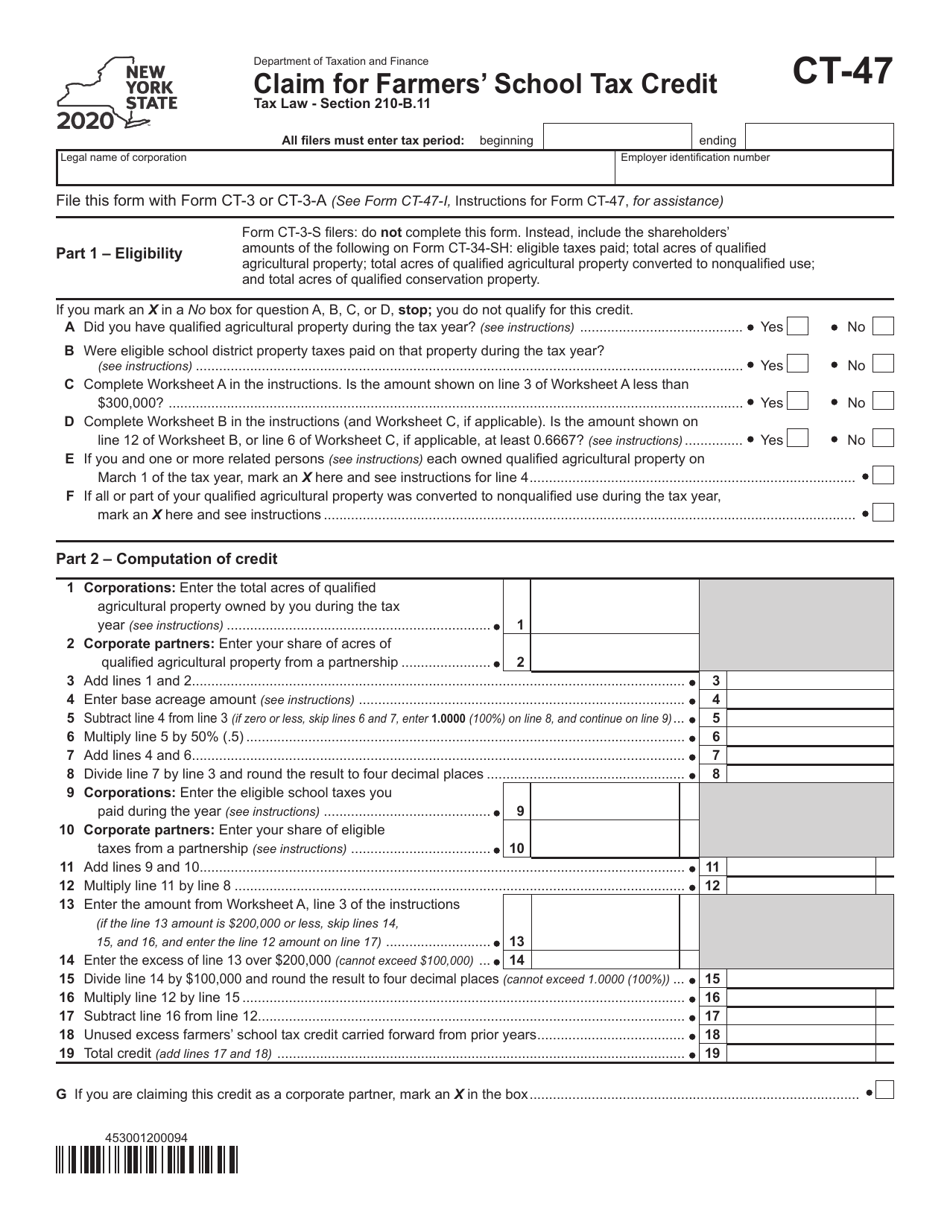 Form CT-47 Claim for Farmers School Tax Credit - New York, Page 1