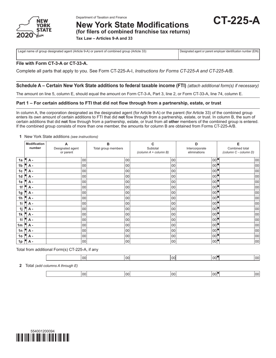 Form CT-225-A New York State Modifications (For Filers of Combined Franchise Tax Returns) - New York, Page 1