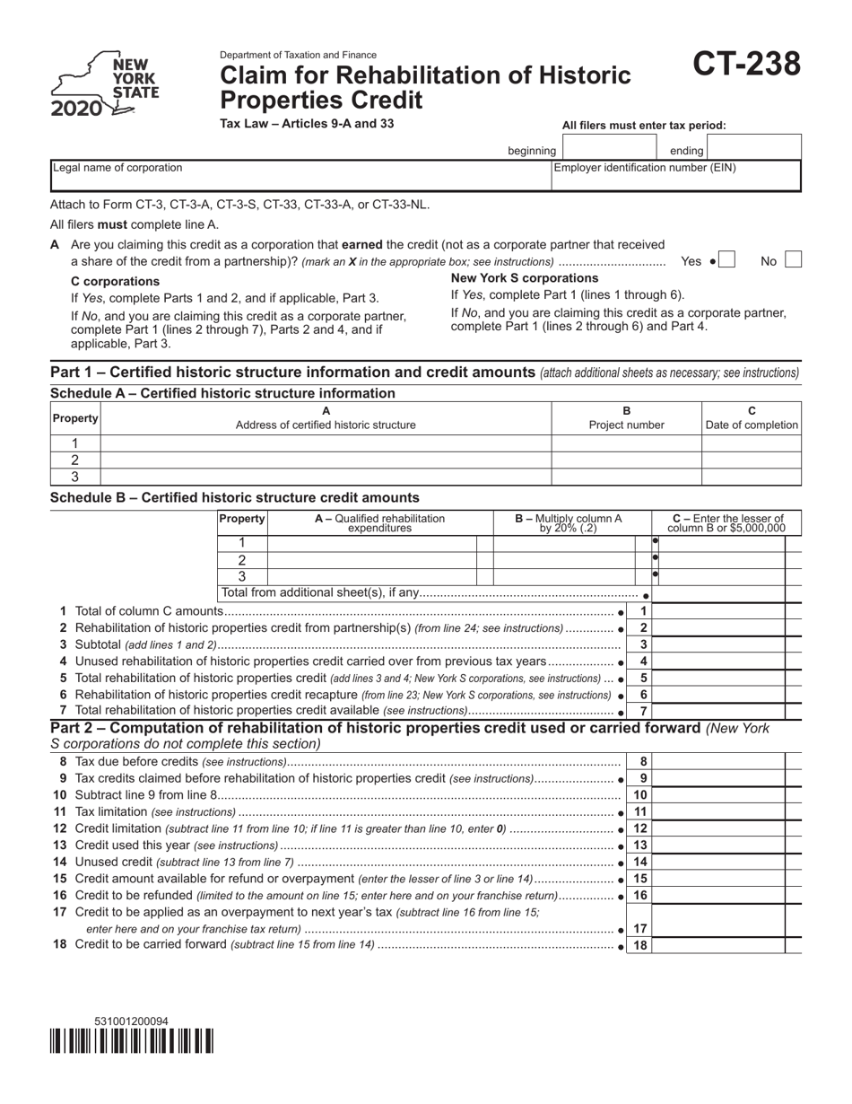 Form CT-238 Claim for Rehabilitation of Historic Properties Credit - New York, Page 1