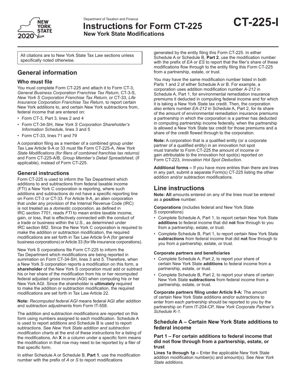 Download Instructions for Form CT-225 New York State Modifications PDF ...