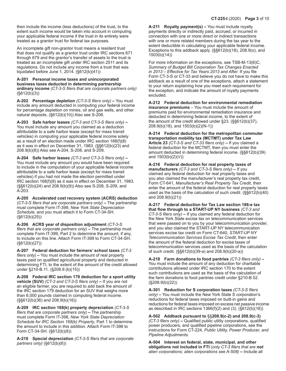 Instructions for Form CT-225 New York State Modifications - New York, Page 3