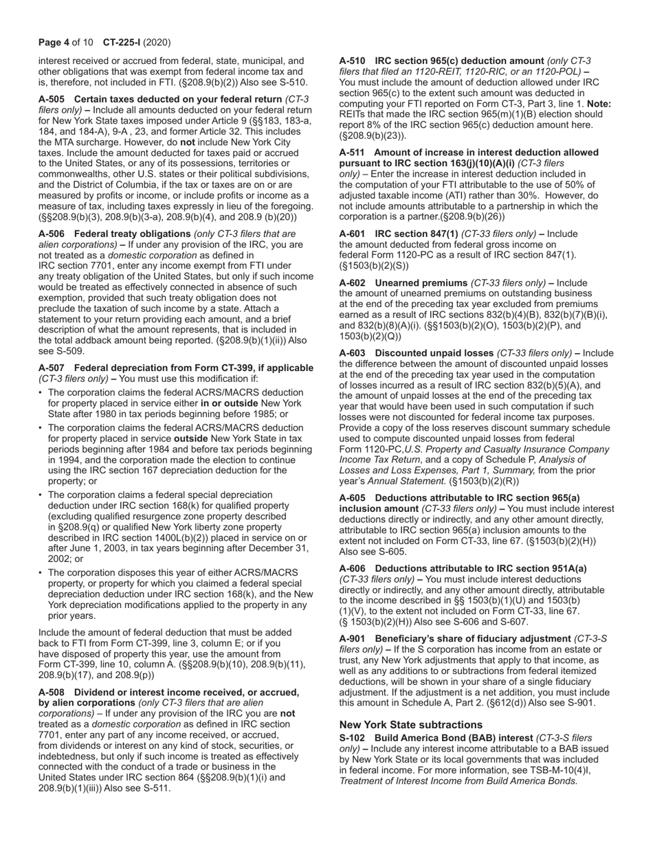 Download Instructions For Form CT-225 New York State Modifications PDF ...
