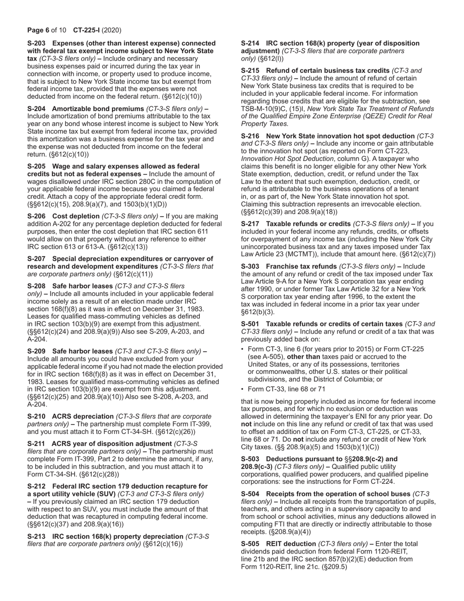 Instructions for Form CT-225 New York State Modifications - New York, Page 6