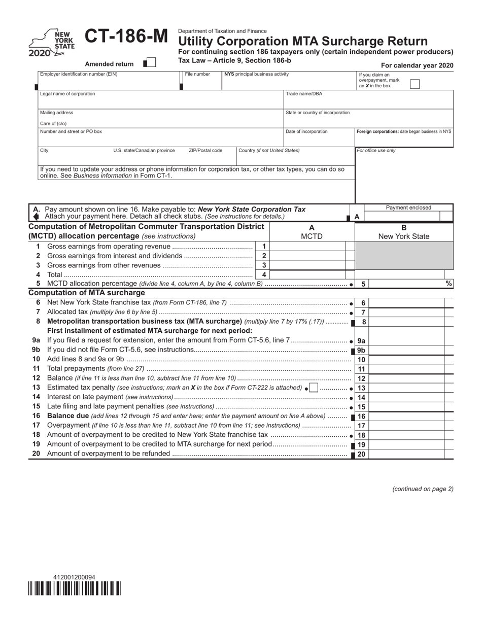 Form CT-186-M Utility Corporation Mta Surcharge Return - New York, Page 1