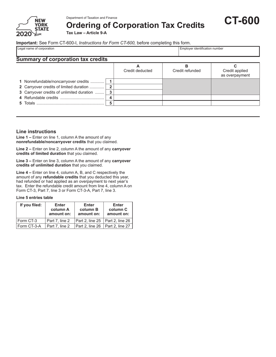 Form CT-600 Ordering of Corporation Tax Credits - New York, Page 1