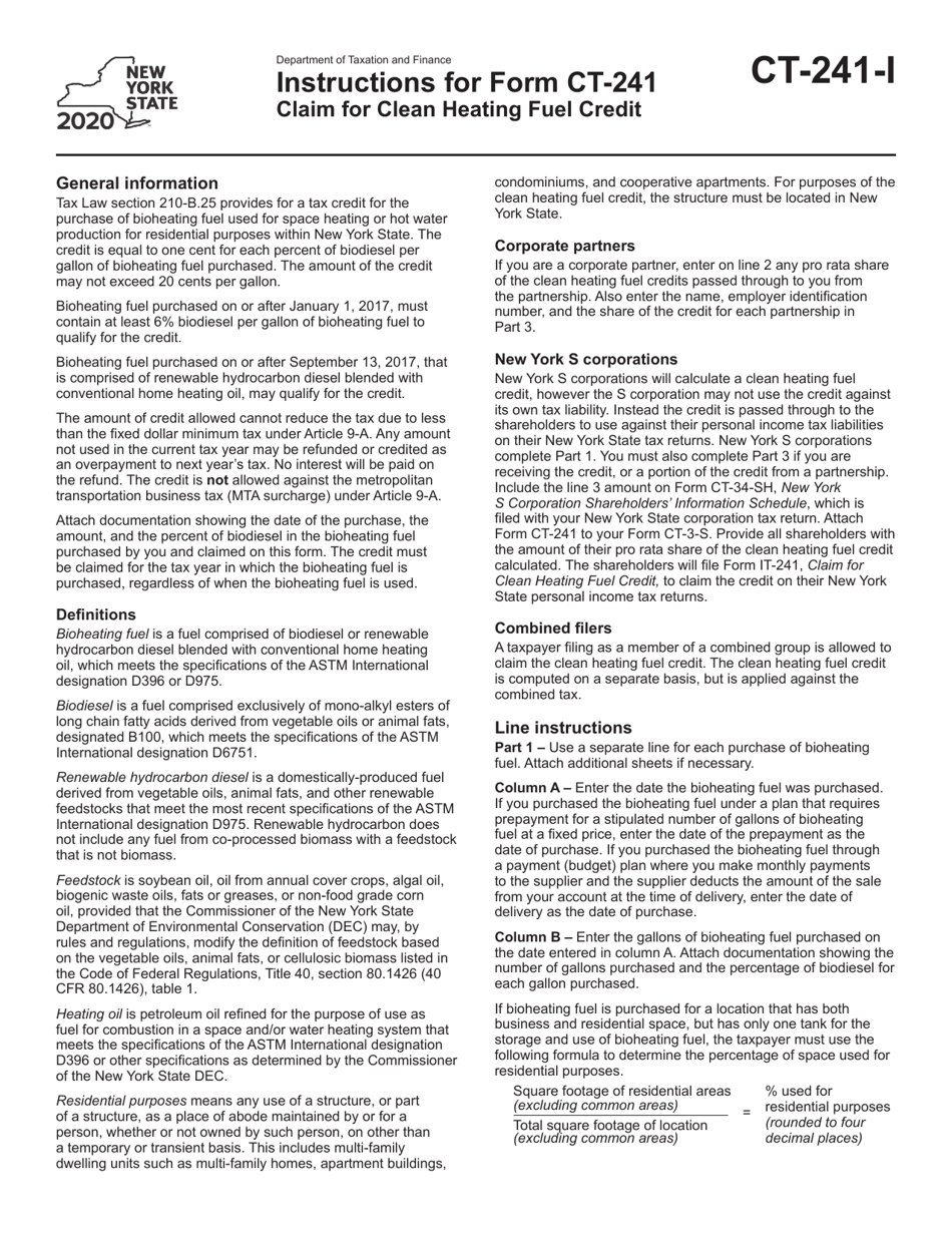 Instructions for Form CT-241 Claim for Clean Heating Fuel Credit - New York, Page 1