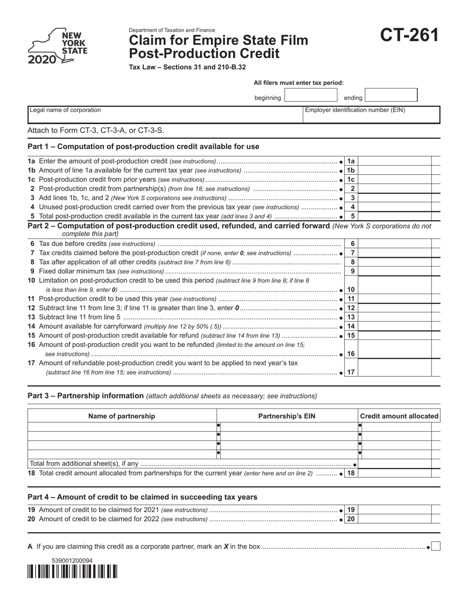 Form CT-261 Claim for Empire State Film Post-production Credit - New York, Page 1