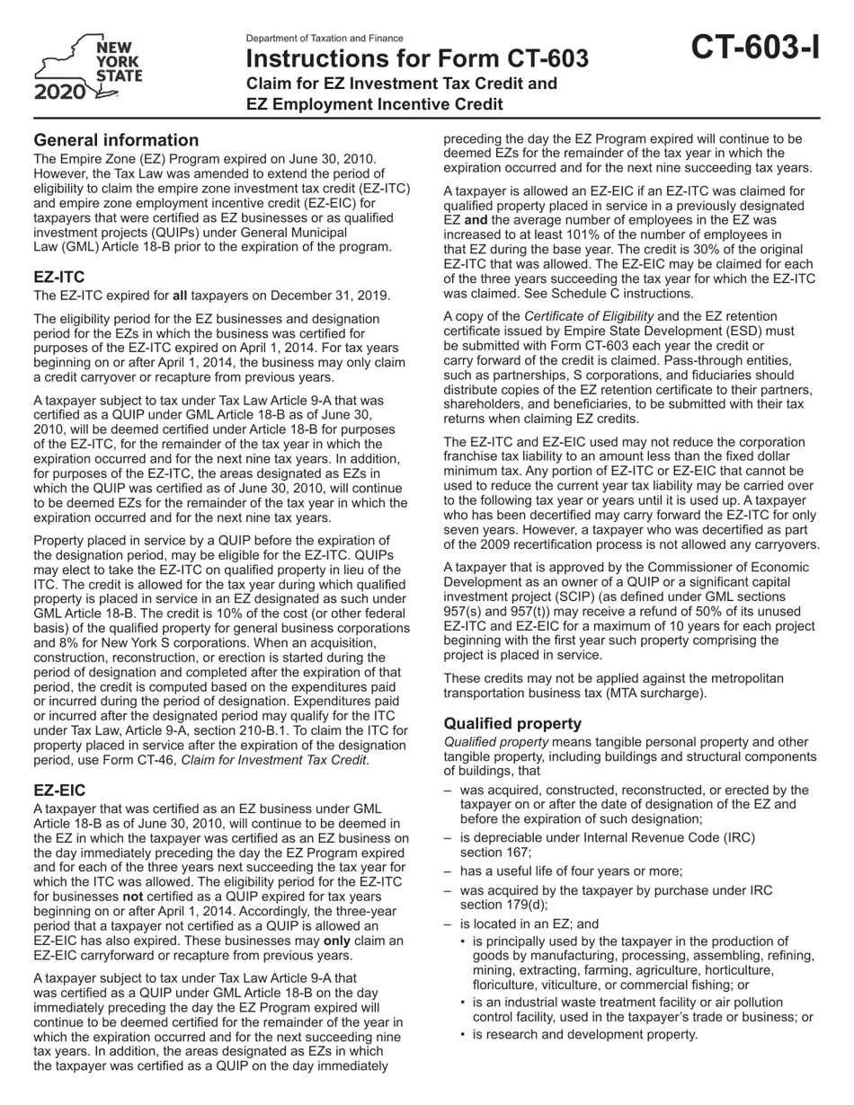 Instructions for Form CT-603 Claim for Ez Investment Tax Credit and Ez Employment Incentive Credit - New York, Page 1