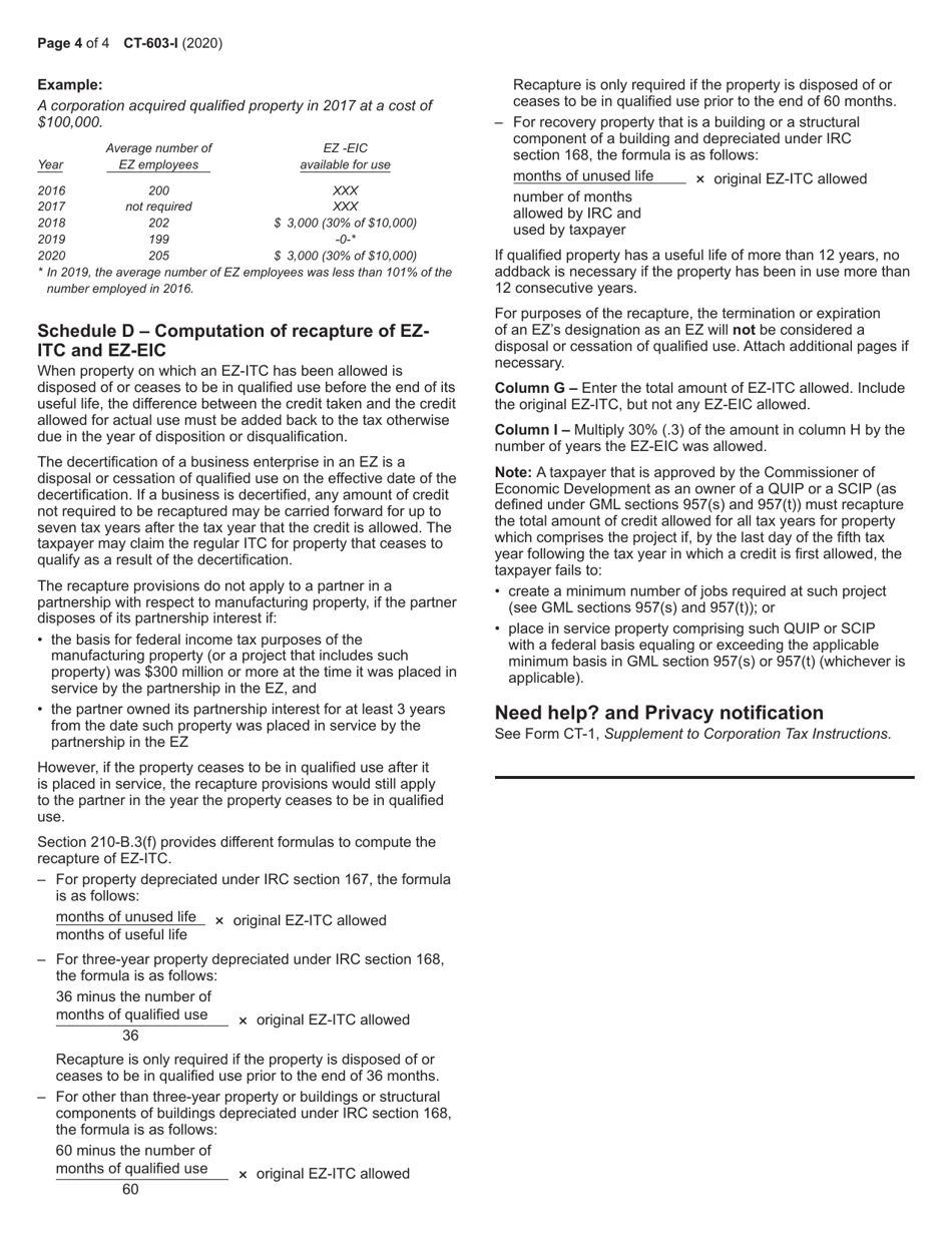 Instructions for Form CT-603 Claim for Ez Investment Tax Credit and Ez Employment Incentive Credit - New York, Page 4