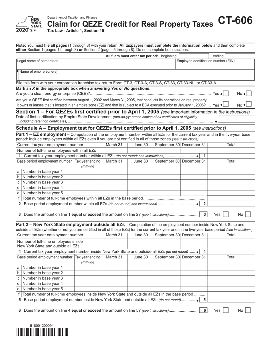 Form CT-606 Claim for Qeze Credit for Real Property Taxes - New York, Page 1