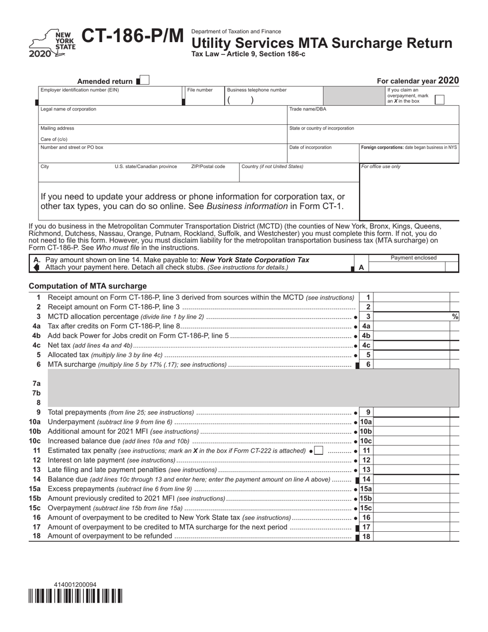 Form CT-186-P / M Utility Services Mta Surcharge Return - New York, Page 1