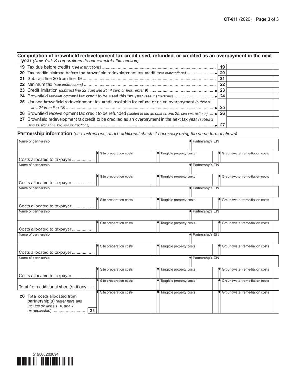 Form CT-611 Claim for Brownfield Redevelopment Tax Credit for Qualified Sites Accepted Into the Brownfield Cleanup Program Prior to June 23, 2008 - New York, Page 3