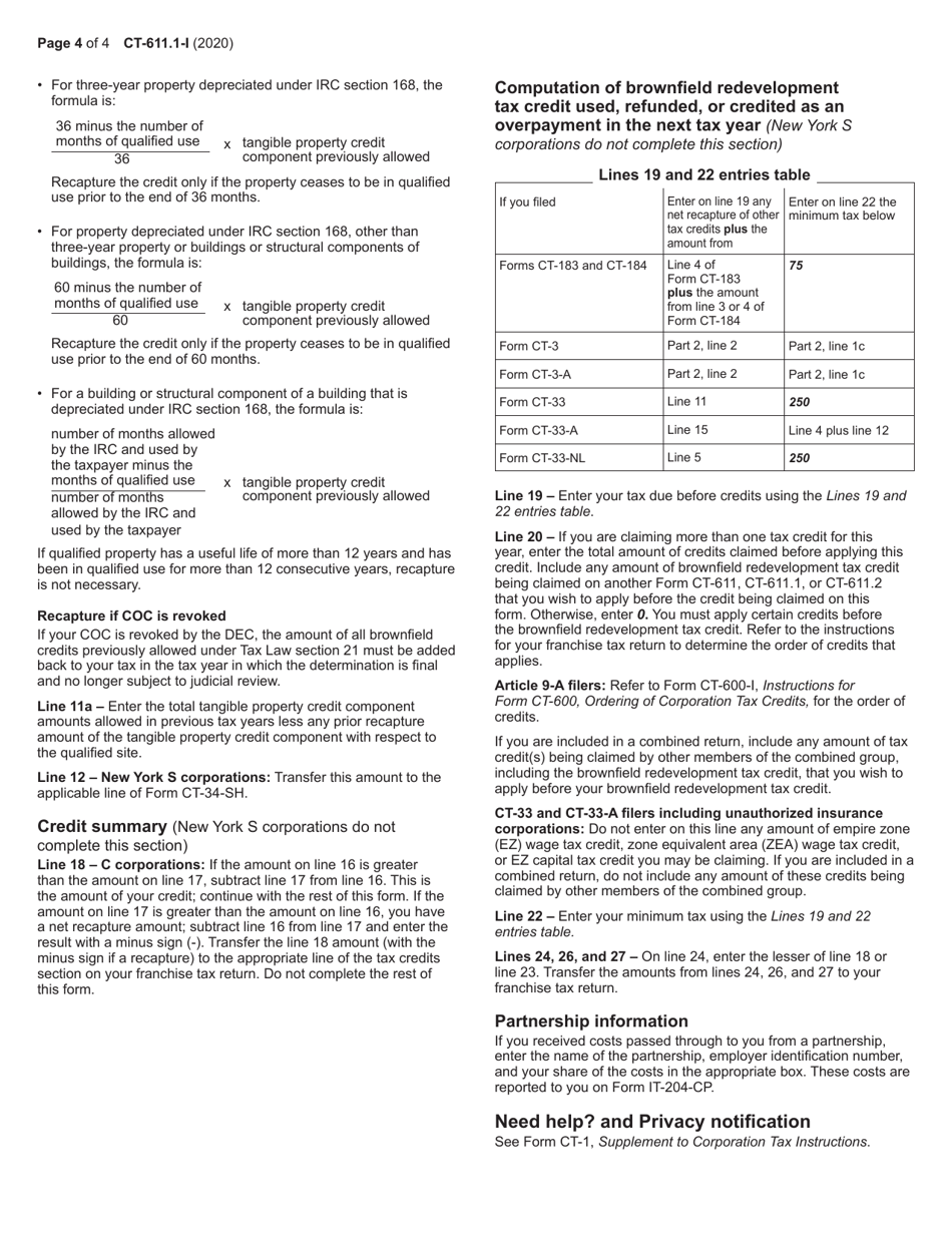 Instructions for Form CT-611.1 Claim for Brownfield Redevelopment Tax Credit for Qualified Sites Accepted Into the Brownfield Cleanup Program on or After June 23, 2008 and Prior to July 1, 2015 - New York, Page 4