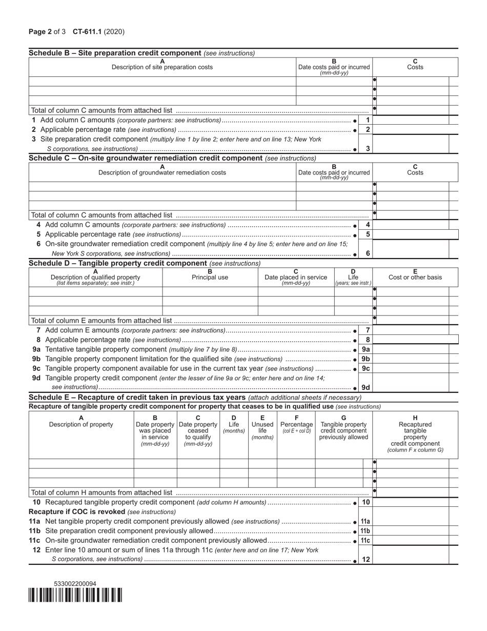 Form CT-611.1 Claim for Brownfield Redevelopment Tax Credit for Qualified Sites Accepted Into the Brownfield Cleanup Program on or After June 23, 2008 and Prior to July 1, 2015 - New York, Page 2
