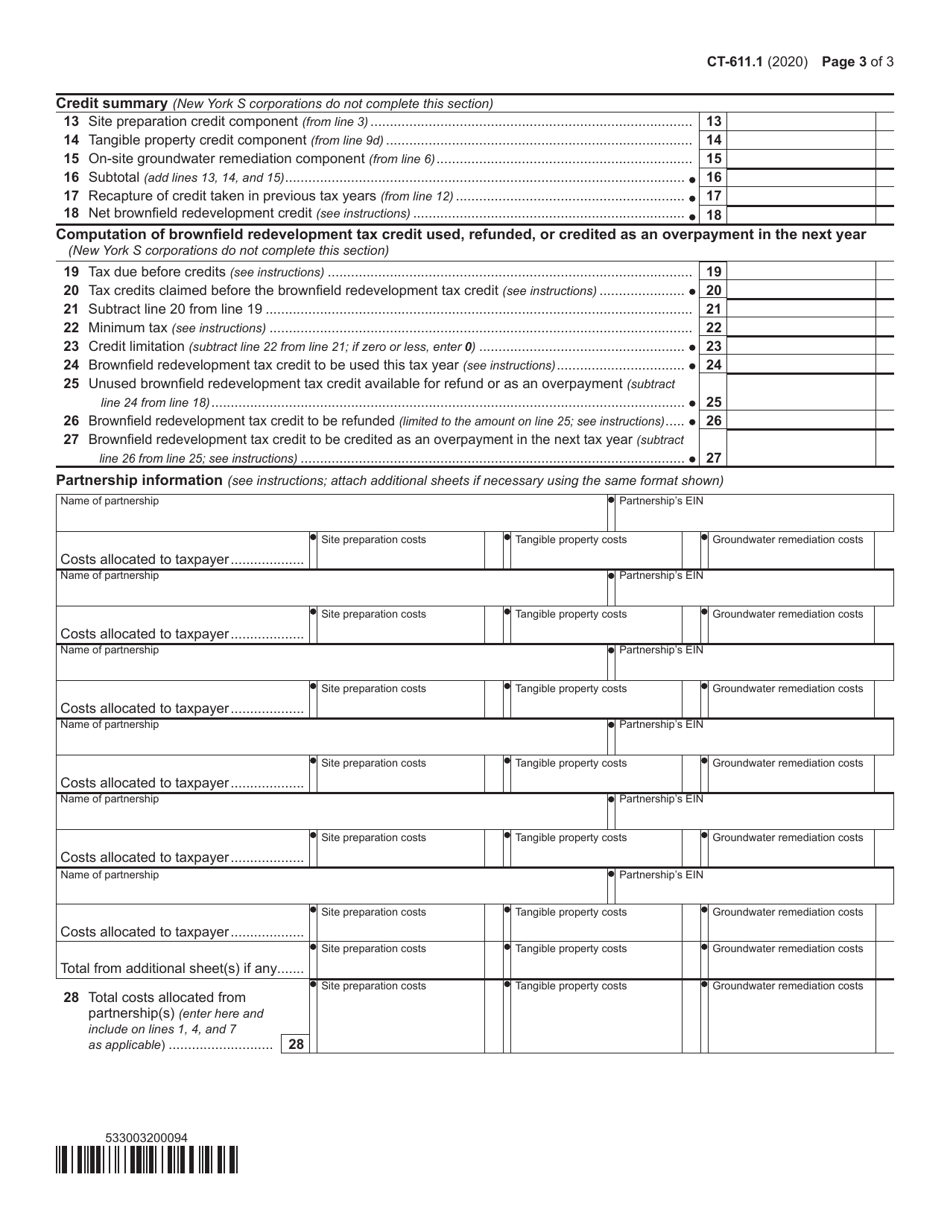 Form CT-611.1 Claim for Brownfield Redevelopment Tax Credit for Qualified Sites Accepted Into the Brownfield Cleanup Program on or After June 23, 2008 and Prior to July 1, 2015 - New York, Page 3