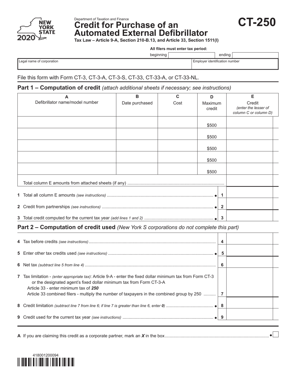 Form CT-250 Credit for Purchase of an Automated External Defibrillator - New York, Page 1