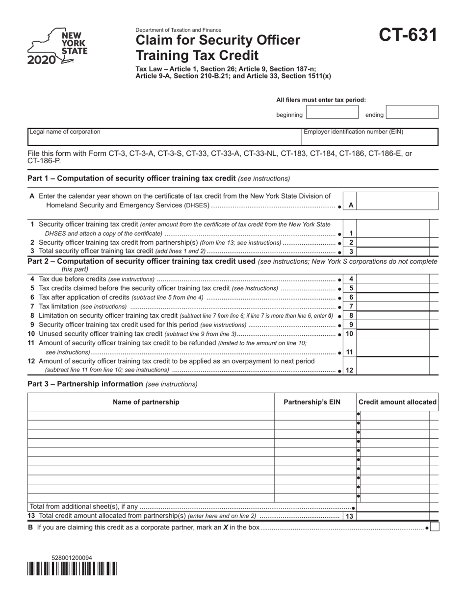 Form CT-631 Claim for Security Officer Training Tax Credit - New York, Page 1