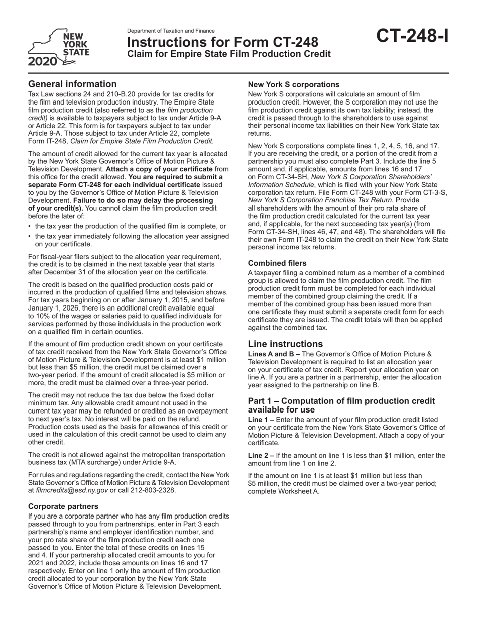 Instructions for Form CT-248 Claim for Empire State Film Production Credit - New York, Page 1