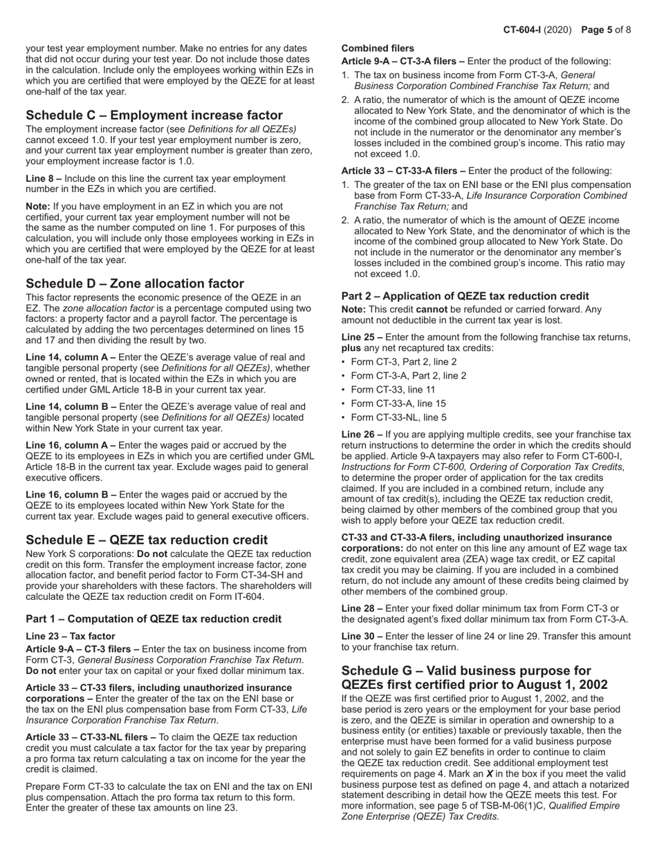 Instructions for Form CT-604 Claim for Qeze Tax Reduction Credit - New York, Page 5
