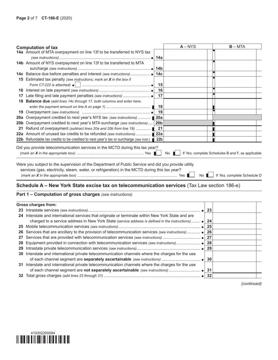 Form CT-186-E Telecommunications Tax Return and Utility Services Tax Return - New York, Page 2