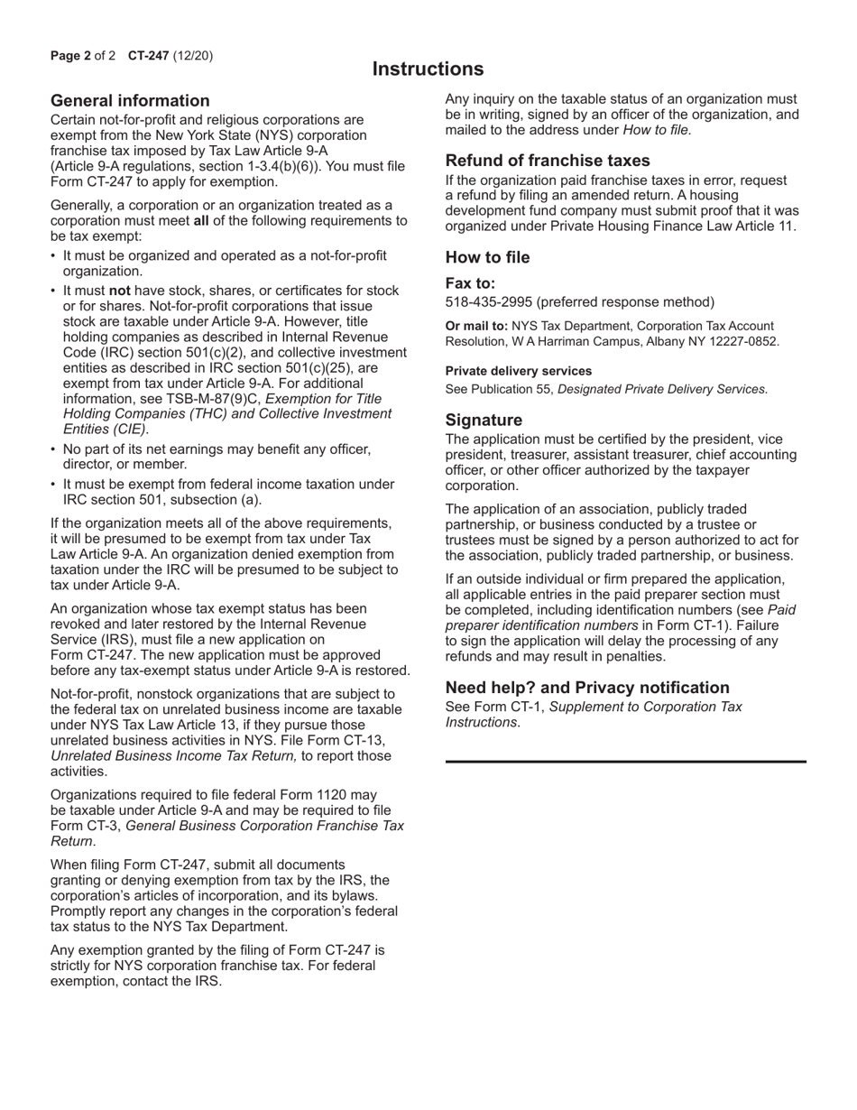 Form CT-247 Application for Exemption From Corporation Franchise Taxes by a Not-For-Profit Organization - New York, Page 2