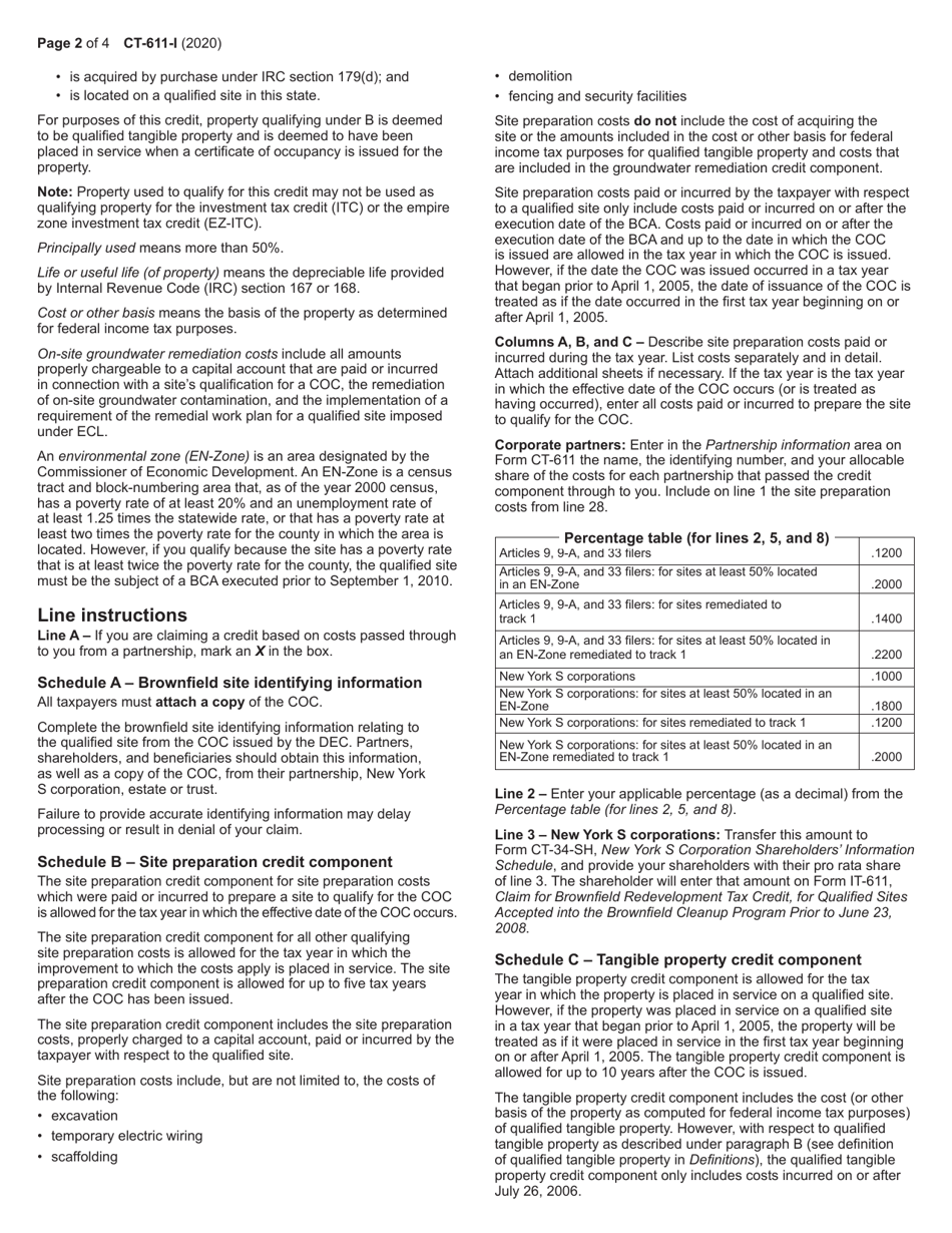 Instructions for Form CT-611 Claim for Brownfield Redevelopment Tax Credit for Qualified Sites Accepted Into the Brownfield Cleanup Program Prior to June 23, 2008 - New York, Page 2