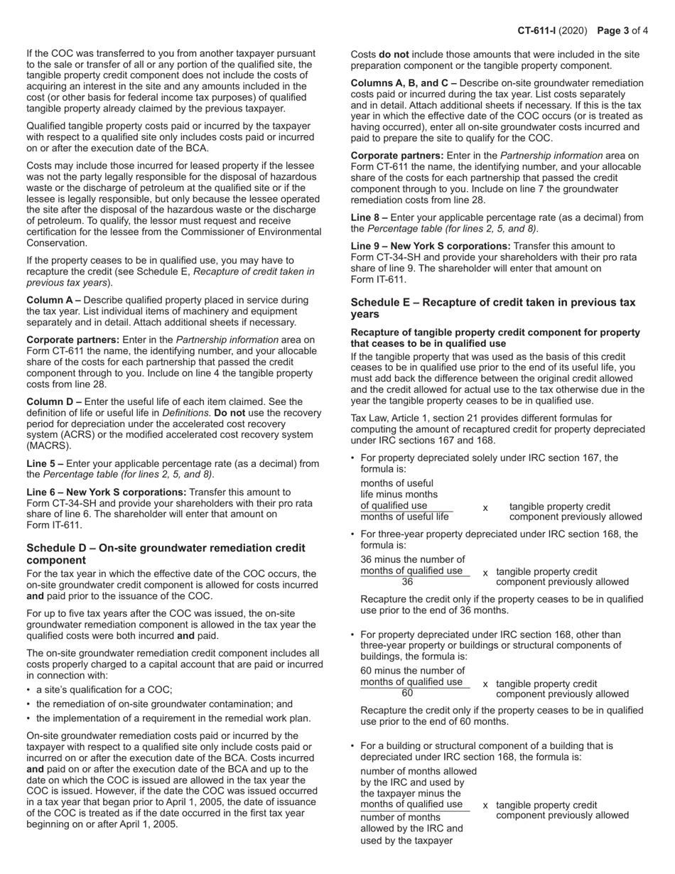 Instructions for Form CT-611 Claim for Brownfield Redevelopment Tax Credit for Qualified Sites Accepted Into the Brownfield Cleanup Program Prior to June 23, 2008 - New York, Page 3