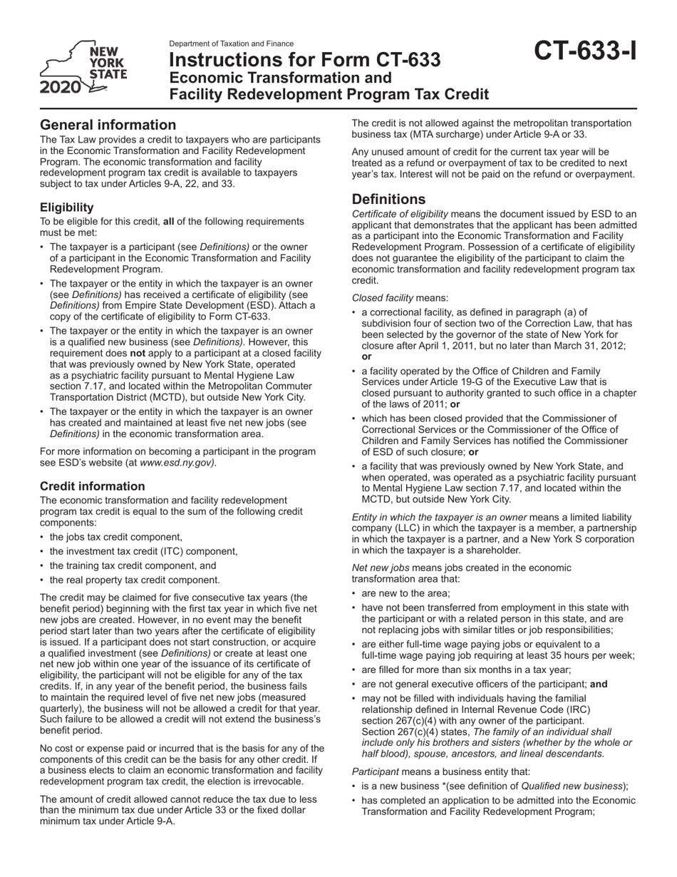 Instructions for Form CT-633 Economic Transformation and Facility Redevelopment Program Tax Credit - New York, Page 1