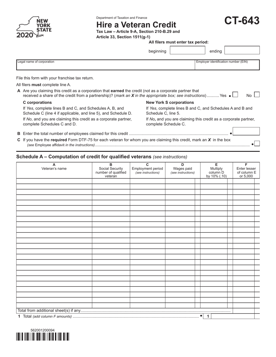 Form CT-643 Hire a Veteran Credit - New York, Page 1