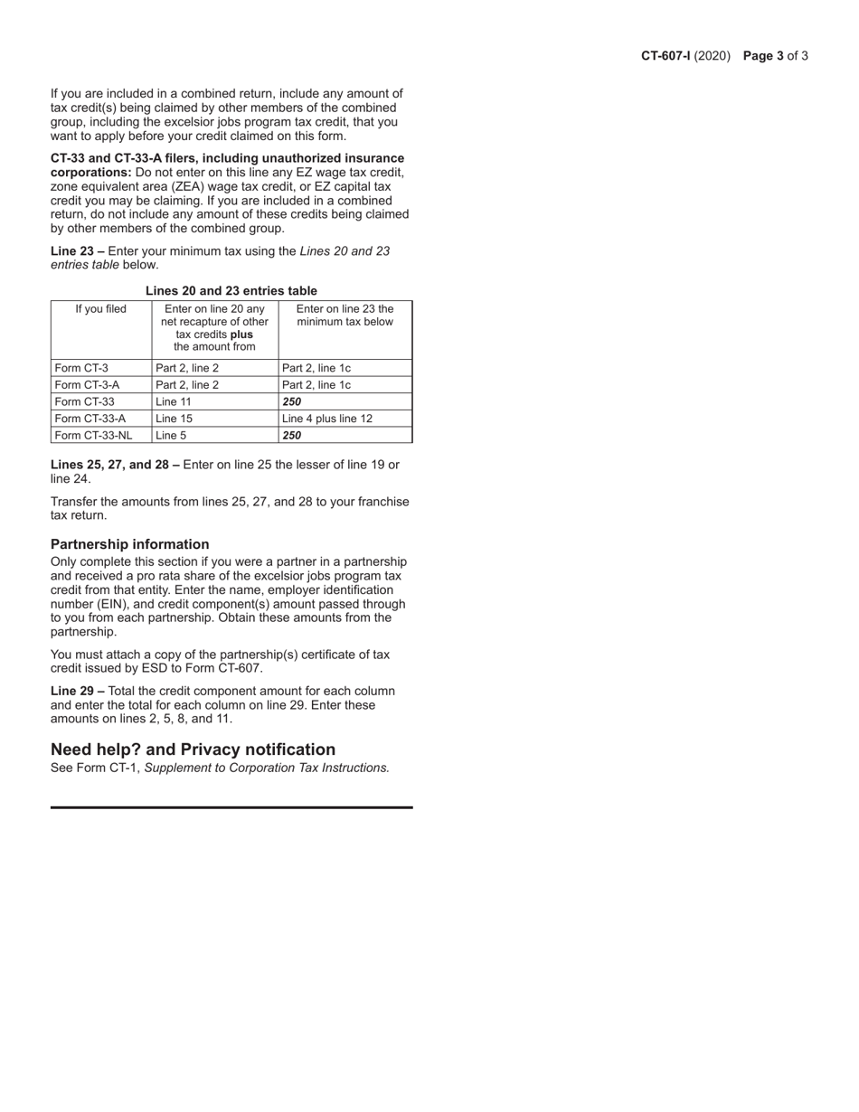 Download Instructions for Form CT607 Claim for Excelsior Jobs Program Tax Credit PDF, 2020