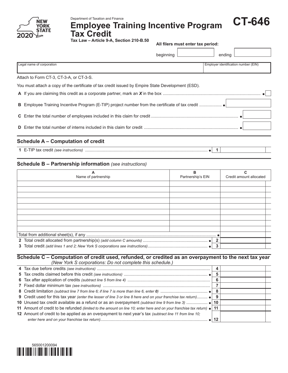 Form CT-646 Employee Training Incentive Program Tax Credit - New York, Page 1