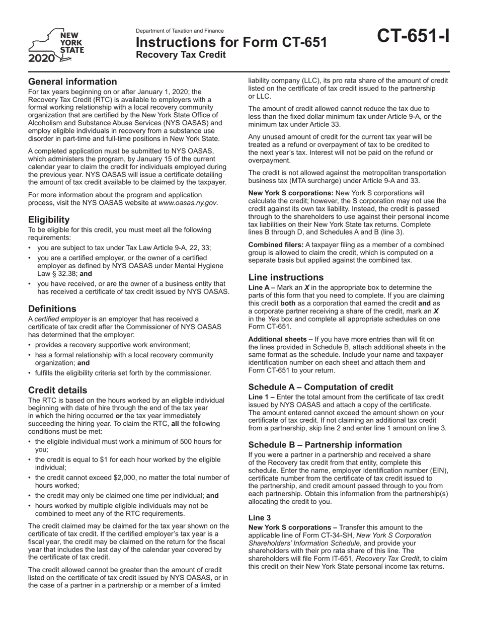 Download Instructions for Form CT-651 Recovery Tax Credit PDF 