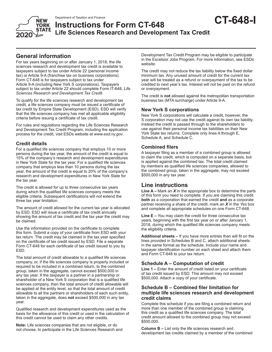 Instructions for Form CT-648 Life Sciences Research and Development Tax Credit - New York, Page 1