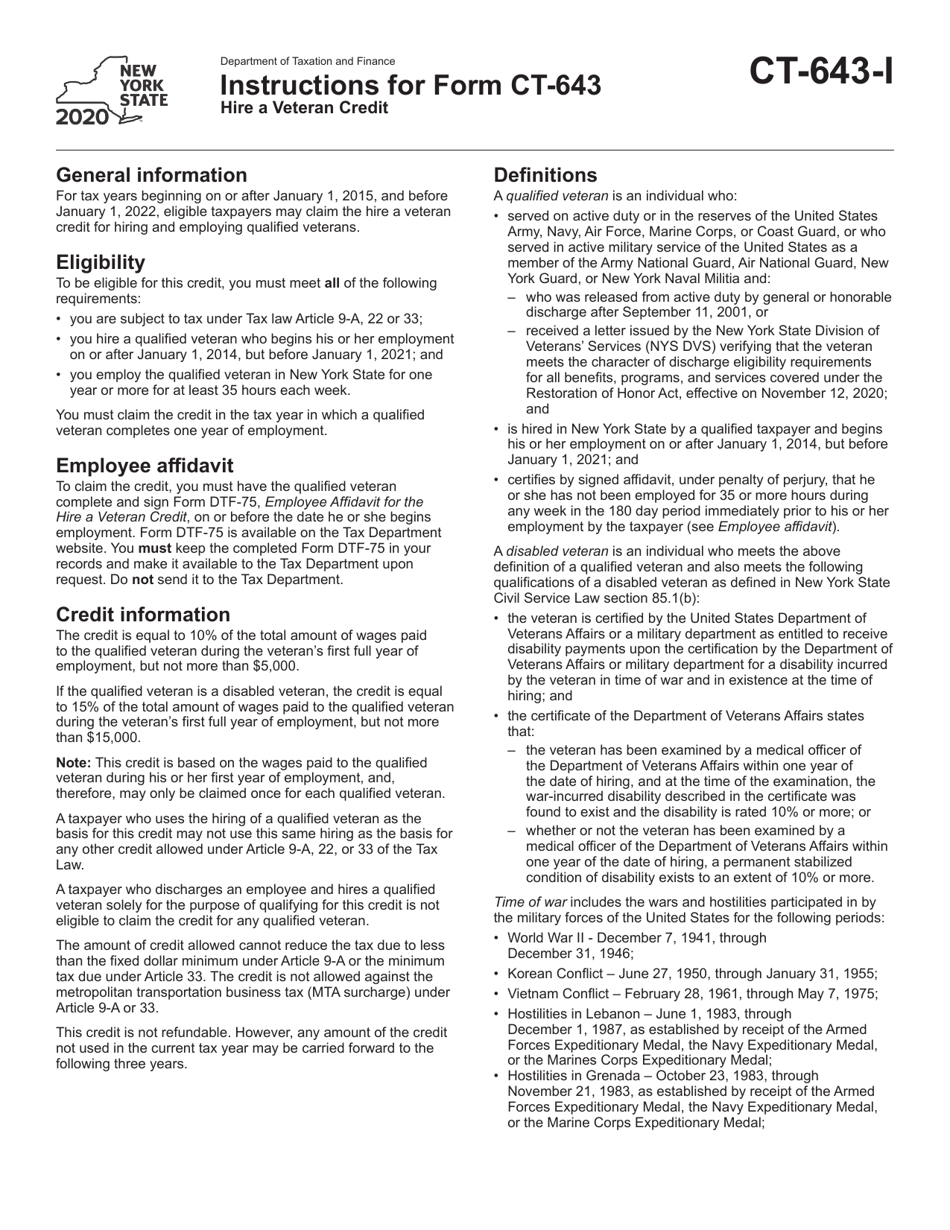 Instructions for Form CT-643 Hire a Veteran Credit - New York, Page 1