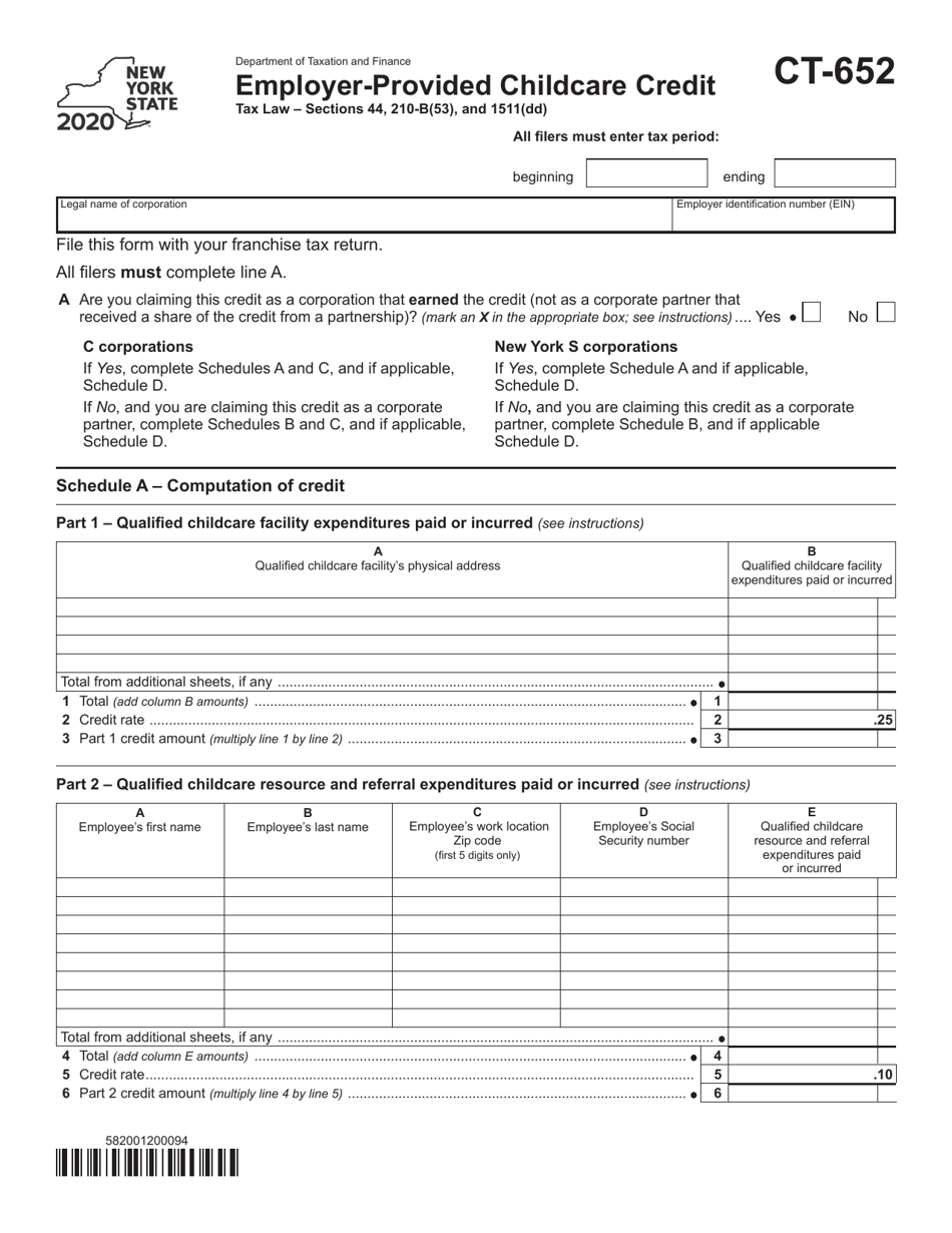 Form CT-652 Employer-Provided Childcare Credit - New York, Page 1