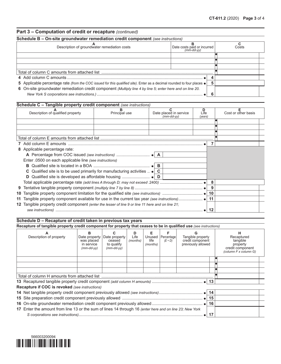 Form CT-611.2 Claim for Brownfield Redevelopment Tax Credit for Qualified Sites Accepted Into the Brownfield Cleanup Program on or After July 1, 2015 - New York, Page 3