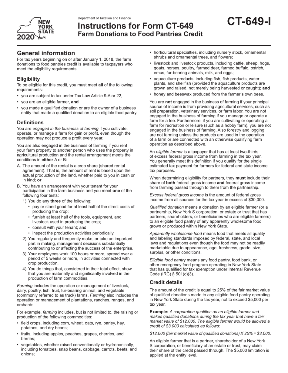 Instructions for Form CT-649 Farm Donations to Food Pantries Credit - New York, Page 1