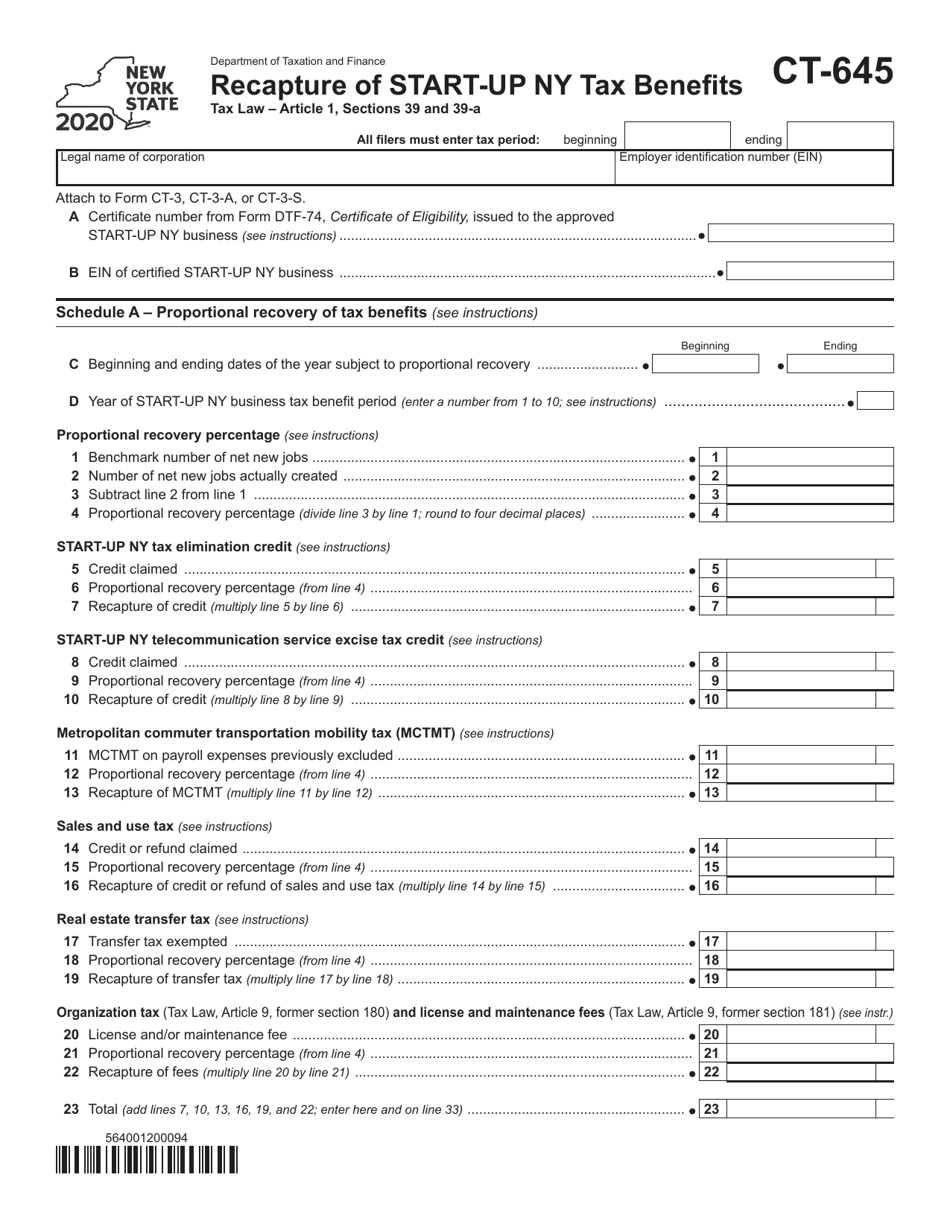 Form CT-645 Recapture of Start-Up Ny Tax Benefits - New York, Page 1