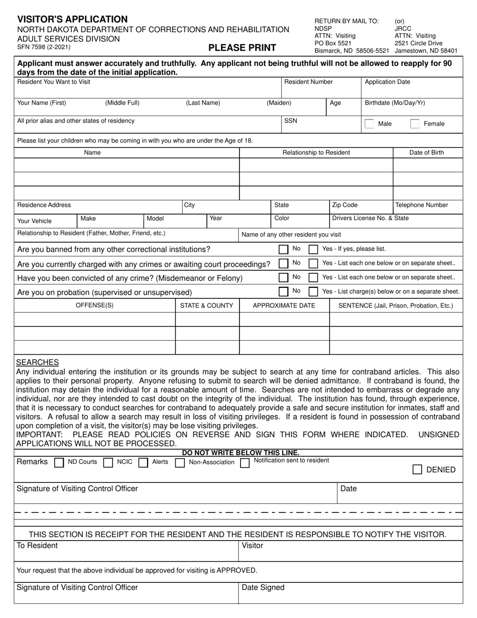Form SFN7598 Visitors Application - North Dakota, Page 1