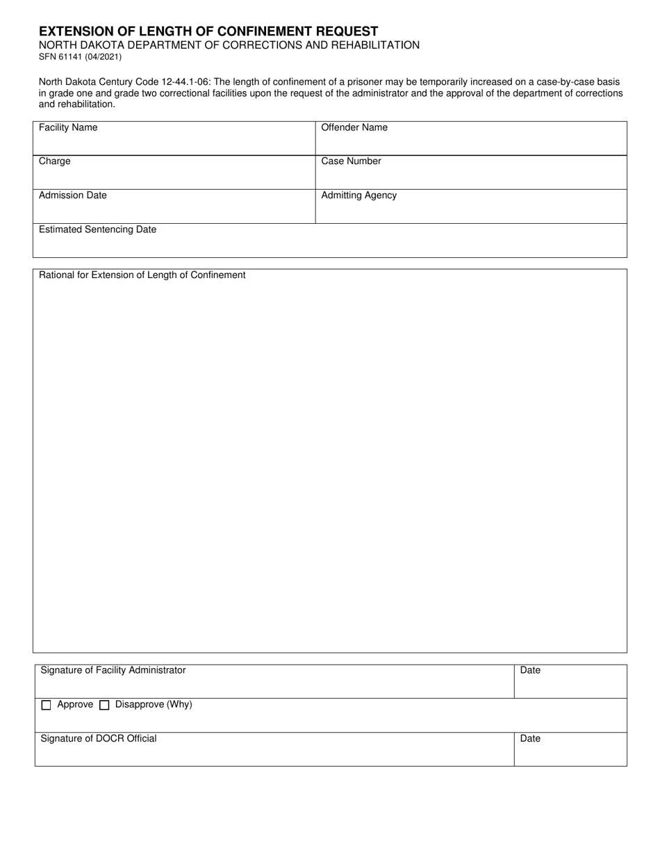 Form SFN61141 Extension of Length of Confinement Request - North Dakota, Page 1