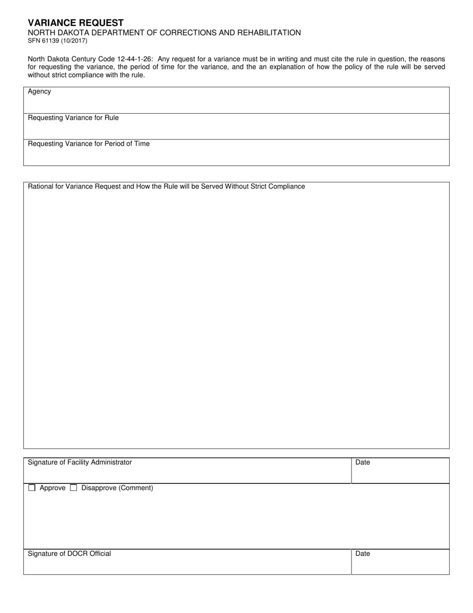 Form SFN61139 Variance Request - North Dakota, Page 1