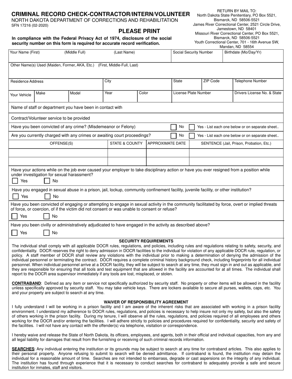 Form SFN17216 Criminal Record Check-Contractor / Intern / Volunteer - North Dakota, Page 1
