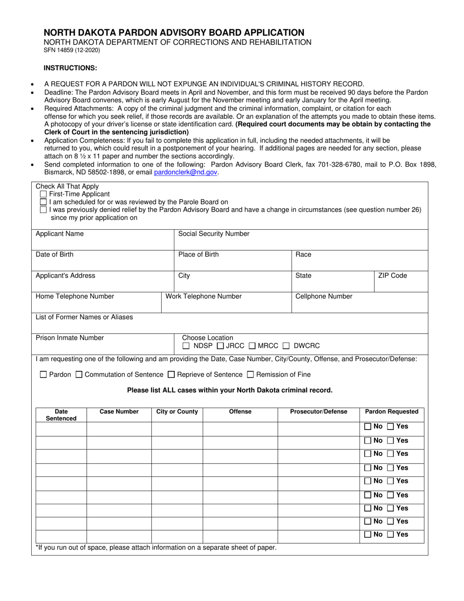 Form SFN14859 North Dakota Pardon Advisory Board Application - North Dakota, Page 1