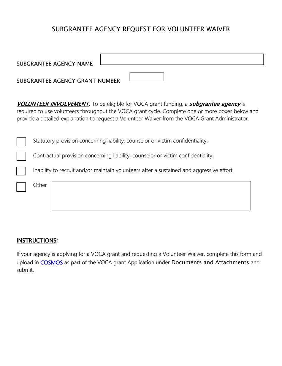Subgrantee Agency Request for Volunteer Waiver - North Dakota, Page 1
