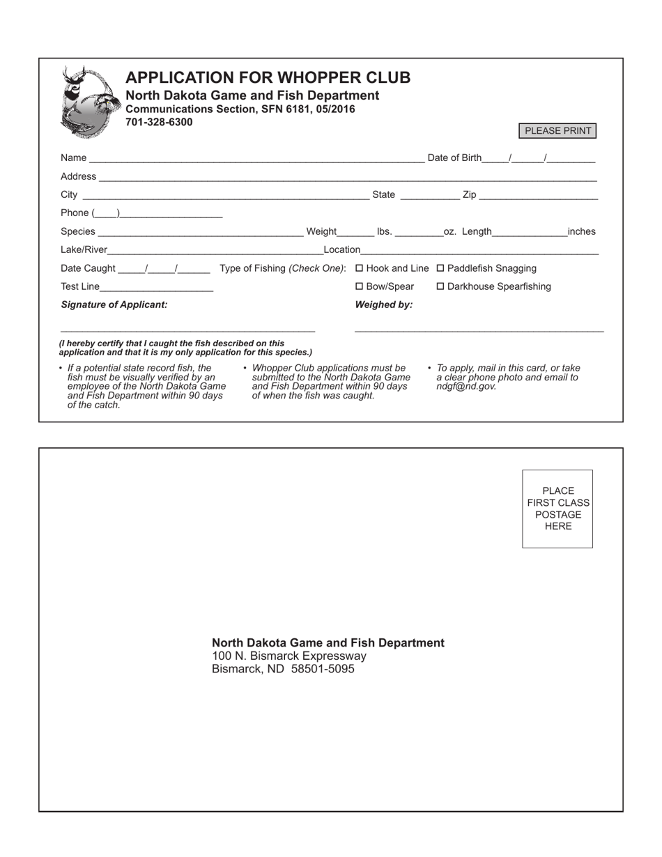Form SFN6181 Application for Whopper Club - North Dakota, Page 1
